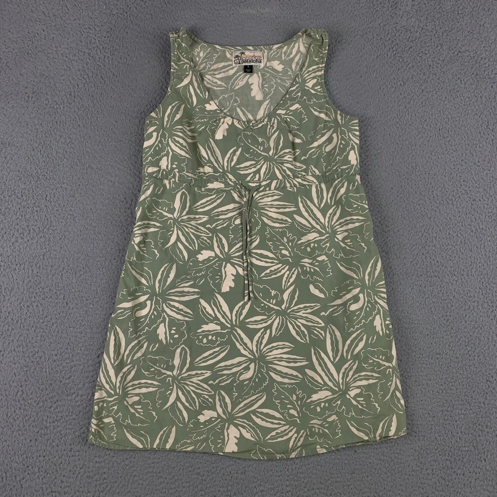 Patagonia Pataloha Dress Womens 6 Green Floral Organic Cotton Drawstring Summer‎